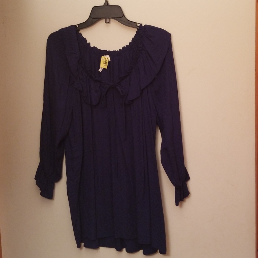 Grand & Greene L/S Navy Ruffle neck textured tunic